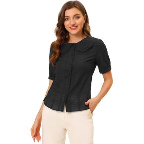 Allegra K Women's Peter Pan Collar Swiss Dots Short Sleeves Button Front Shirt Blouse