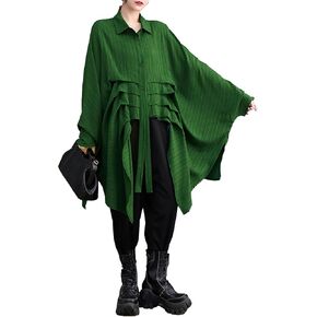 ellazhu Women's Long Batwing Sleeve Funky Inregular Hem High Low Button Down Shirt GZ127