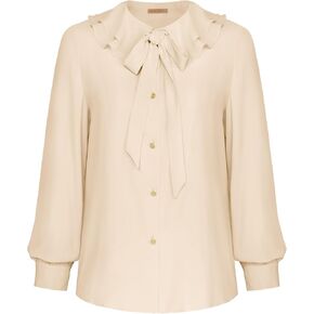 Belle Poque المرأة ربطة القوس فيونكة الرقبة الكشكشة القمم كم طويل الأعمال بلايز عادية خمر الفيكتوري بلوزة بلايز in Kuwait