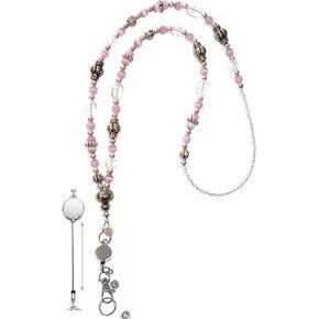 Hidden Hollow Beads Retractable Badge Reel, Women's Pink Beaded Lanyard, Strong, ID Card Holder, Keys Teacher Nurse Cruise Key Keychain