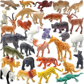 PINOWU Realistic Mini Wild Zoo Animals Figurines Toys 32 Pcs Gift Set for Education and Party Favors, Plastic Forest Safari Animals Lion, Hippo, Tiger, Bear, Elephant, Giraffe etc