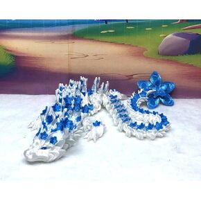 3D Printed Dragon, Articulated White and Blue Cherry Blossom Dragon, 12"" Flexible Dragon, Fidget Toy ADHD Autism, Home Office Decor Executive Desk Toy D017-WB-DR