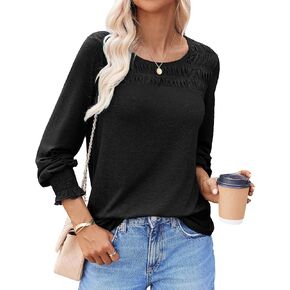 Long Sleeve Shirts for Women Trendy Casual Fall Tunic Tops Crewneck Smocked Solid Color Loose Clothes