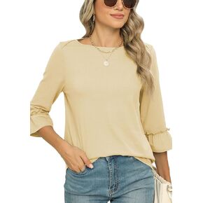 قمصان نسائية من Poetsky برقبة دائرية وأكمام 3/4 قمصان فضفاضة كاجوال سادة أساسية in Kuwait