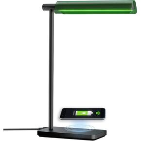Modern LED Banker Lamp, Vintage Green Lampshade LED Desk Lamp,Office Home Decor Desk Light, with Touch Switch and Wireless Charging Function, for Study, Library, Bedroom