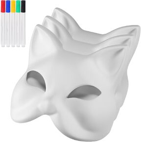 Cat Fox Mask Set Therian Dress-Up Masks Arts & Crafts Kit with 5 Markers for Costume Parties and Cosplay Events