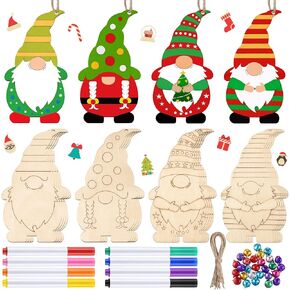 Censen Christmas Unfinished Wooden Gnome Ornaments Include Blank Gnome Cutout Hanging Slices, Colored Marker, Bells for Kids Fall Thanksgiving Tree Craft Painting DIY All Festival(20 Sets)