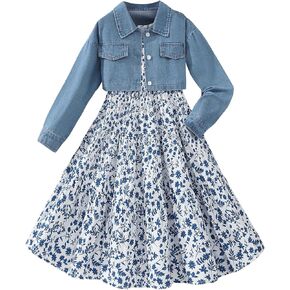 OYOANGLE Girl's 2 Piece Outfits Floral Print Flared Knee Length Tank Dress with Long Sleeve Denim Jacket