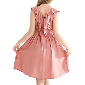 فساتين للفتيات برباط خلفي كاجوال أنيق وأكمام مكشكشة فستان صيفي على شكل حرف a فساتين للفتيات من سن 6 إلى 14 سنة in Kuwait