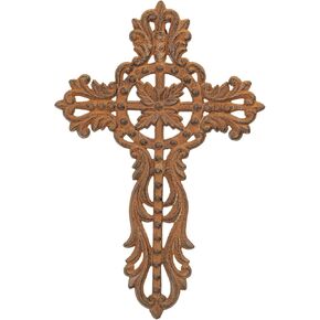 Sungmor Cast Iron Cross Wall Decor, Pretty & Ornate Metal Cross Wall Art, Vintage Decorative Outdoor Hanging Cross, Rustic White Religious Wall Sculpture Farmhouse Home Decor