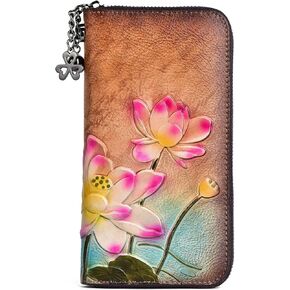 Vintage Floral Leather Clutch Wallet for WomenCoin and Card Storage, Zipper Closure
