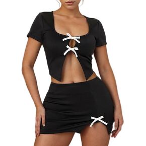Women Sexy 2 Piece Mini Skirt Sets Short Sleeve Hollow Out Crop Top Split Skirt Summer Outfits