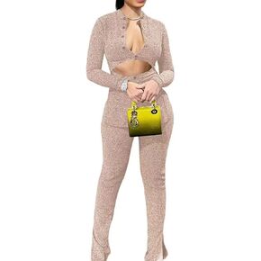 Womens 2 Piece Outfits Cut Out Casual Lady Business Suits Long Sleeve Slim Fit Sparkly Office Work Sets