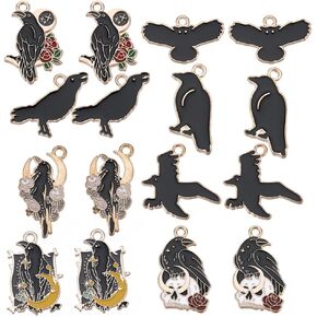 SUNNYCLUE 32PCS 8 STYLES Raven Charms Bulk Crow Charm Gothic Black Bird Halloween Enamel Alloy Metal Moon Rose Goth Charms Bulk for Jewelry Making Charms Earrings Necklace Bracelets Diy Crafts