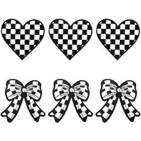 6pcs Checkered Bow Heart Iron on Patches, Black White Love & Bow Patches Iron on Cute Stylish Racing Iron on Patch Embroidery Bow Patch Sticker for Clothing Bags Jackets Jeans
