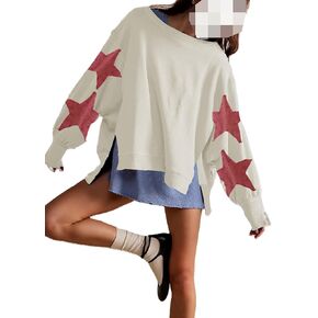 Womens Oversized Crewneck Sweatshirt Y2k Striped Star Long Sleeve Side Slit Pullover Sweatshirt Teen Girl Aesthetic in Kuwait