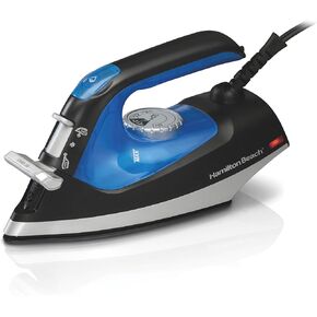 Hamilton Beach 2-in-1 Iron & Garment Steamer for Clothes with Continuous Steam Nozzle 5 Temperature Settings, Nonstick Soleplate, 1200 Watts, 8’ Cord, Blue/Black