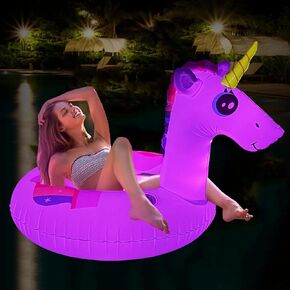 Inflatable Unicorns Pool Float with Colorful Lights, LED Color Changing Unicorns Swim Giant Tube Rings, 42'' Large Pool Beach Floaties Floaty Funny Summer Pool Float for Adults