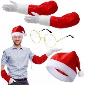 Geyoga 3 Pcs Christmas Santa Evidence Kit Santa Sleeve Gloves and Hat Christmas Glasses Cosplay Santa Claus Costume Accessories for Adults Christmas Cosplay Party Photo Prop