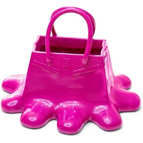 Mini Lux Vase Bag-Vibrant, Deep Magneta Pink Vase, Shaped Like A Handbag with A Melting Effect at Its Base. The Vase Mimics The Design of A Handbag, Complete with Handles and Bag Like Details.