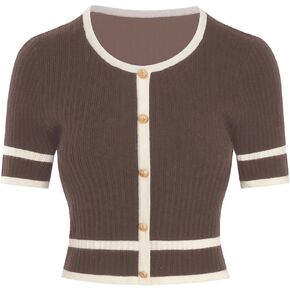 Verdusa Women's Button Front Short Sleeve Knit Crop Top Pullover Lightweight Sweater