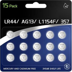 AG13 LR44 Batteries, 15Pack Hight Capacity L1154f L1154 SR44 357 303 A76 L1154h Button Battery 1.5v Alkaline Coin Cell Long Lasting Battery