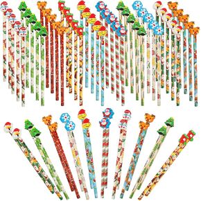 DIYASY Christmas Pencils for Kids Bulk, 50 Pcs Holiday Pencil with Erasers Xmas Wood Pencils Party Favor Supplies Classroom Rewards Prizes Stationery Decorations 10 Styles