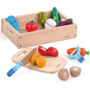 Dailyfunn Wooden Pretend Play Foods Set for Kids Kitchen Montessori Cutting Playset Toys with Storage Box