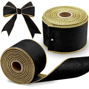 ZYNERY 2 Rolls 2.5 Inch 10 Yards Christmas Velet Ribbon,Black and Gold Wired Ribbon with Gold Edge Trim Velvet for Decorative Christmas Trees Wreath Gift Wrapping(Black Surface with Gold Base)