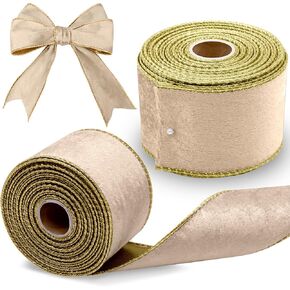 ZYNERY 2 Rolls 2.5 Inch 10 Yards Christmas Velet Ribbon,Black and Gold Wired Ribbon with Gold Edge Trim Velvet for Decorative Christmas Trees Wreath Gift Wrapping(Black Surface with Gold Base)