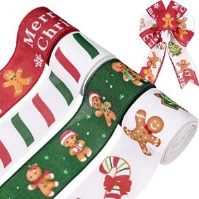 4 Rolls 20 Yards Christmas Wired Ribbons 2.5 Inch Gingerbread Ribbons Wired Xmas Candy Cane Ribbons Gingerbread Gift Wrapping Ribbon for Christmas Tree DIY Bows Wreath Decorations