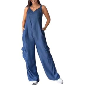 بدلة قفز نسائية من قماش الدنيم من utcoco كاجوال برقبة على شكل حرف V وأشرطة قابلة للتعديل وبنطلون واسع الساق من قماش التويل تشينو (كبير، أزرق دينم) in Kuwait