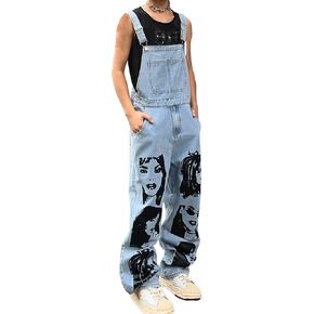 Mens Baggy Denim Bib Overalls Women Face Funny Graphic Y2k Wide Leg Jean Jumpsuit with Pockets