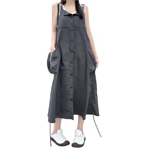 WDIRARA Women's Drawstring Baggy Cargo Overall Dress Streetwear Sleeveless Dress with Pockets