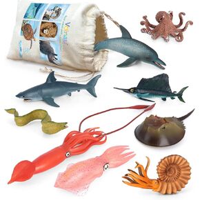 Volnau Sea Creature Toys 9PCS Pacific Ocean Animal Figurines Shark Fish for Toddlers Kids Christmas Decoration Gift Plastic Preschool Pack and Bath Dolphin Set