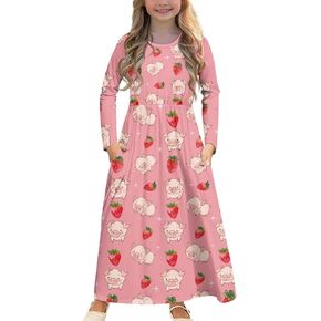 Girls Long Dress Long-Sleeve Swing Ruffle A-Line Dress with Pockets 5-14Y