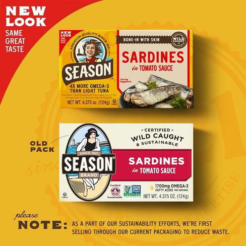Season Sardines in Sunflower Oil – Wild Caught, 22g of Protein, Keto Snacks, More Omega 3's Than Tuna, Kosher, High in Calcium, Canned Sardines – 4.37 Oz, 12-Pack in Saudi Arabia