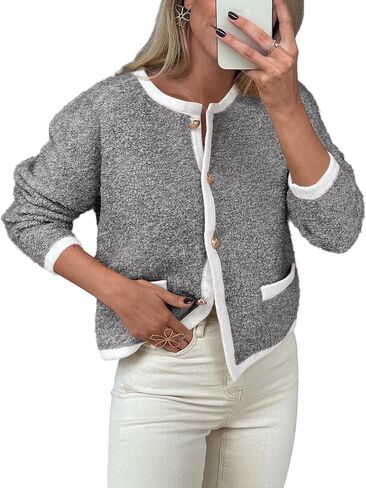 Women Cardigan Sweaters Long Sleeve Button Down Tweed Knit Sweater Crewneck Fall Open Front Outerwear with Patch Pockets in Saudi Arabia