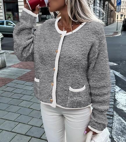 Women Cardigan Sweaters Long Sleeve Button Down Tweed Knit Sweater Crewneck Fall Open Front Outerwear with Patch Pockets in Saudi Arabia