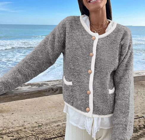 Women Cardigan Sweaters Long Sleeve Button Down Tweed Knit Sweater Crewneck Fall Open Front Outerwear with Patch Pockets in Saudi Arabia