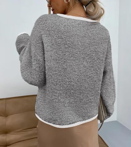 Women Cardigan Sweaters Long Sleeve Button Down Tweed Knit Sweater Crewneck Fall Open Front Outerwear with Patch Pockets in Saudi Arabia