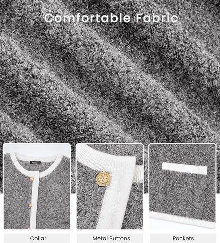 Women Cardigan Sweaters Long Sleeve Button Down Tweed Knit Sweater Crewneck Fall Open Front Outerwear with Patch Pockets in Saudi Arabia