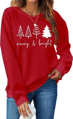 Christmas Sweatshirts Women: Merry and Bright Shirts Christmas Tree Graphic Long Sleeve Shirt Xmas Holiday Pullover Tops in Saudi Arabia