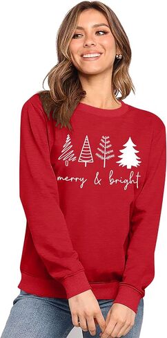 Christmas Sweatshirts Women: Merry and Bright Shirts Christmas Tree Graphic Long Sleeve Shirt Xmas Holiday Pullover Tops in Saudi Arabia