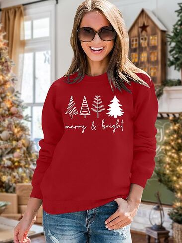 Christmas Sweatshirts Women: Merry and Bright Shirts Christmas Tree Graphic Long Sleeve Shirt Xmas Holiday Pullover Tops in Saudi Arabia