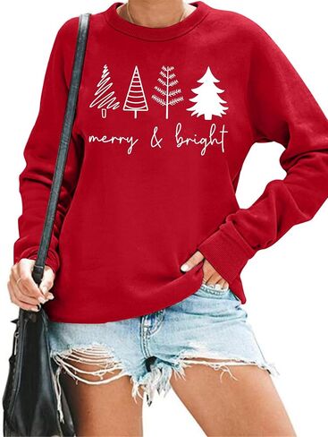 Christmas Sweatshirts Women: Merry and Bright Shirts Christmas Tree Graphic Long Sleeve Shirt Xmas Holiday Pullover Tops in Saudi Arabia