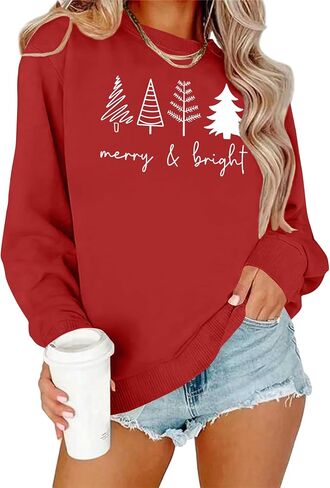 Christmas Sweatshirts Women: Merry and Bright Shirts Christmas Tree Graphic Long Sleeve Shirt Xmas Holiday Pullover Tops in Saudi Arabia