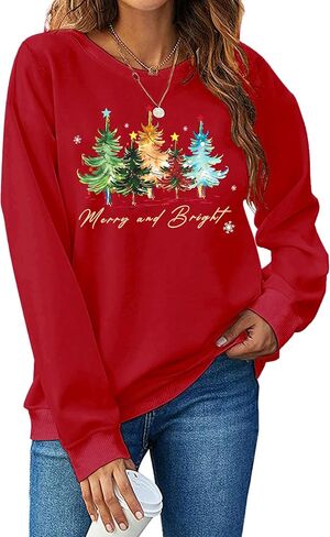 Christmas Sweatshirts Women: Merry and Bright Shirts Christmas Tree Graphic Long Sleeve Shirt Xmas Holiday Pullover Tops in Saudi Arabia