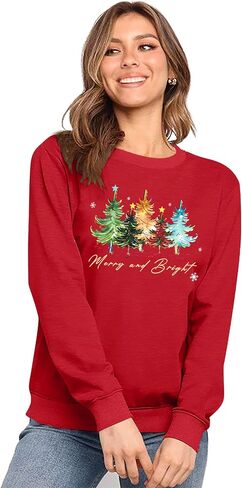Christmas Sweatshirts Women: Merry and Bright Shirts Christmas Tree Graphic Long Sleeve Shirt Xmas Holiday Pullover Tops in Saudi Arabia