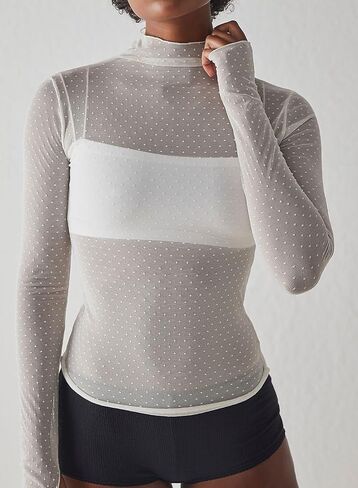 Womens Mesh Sheer Lace Laying Top Mock Neck Long Sleeve Polka Dot See Through Shirt Blouses Tops in Saudi Arabia